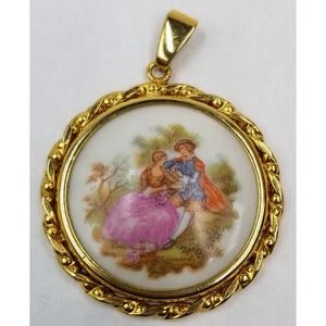 Vintage Porcelain Courting Couple Pendant For Necklace Limoges France